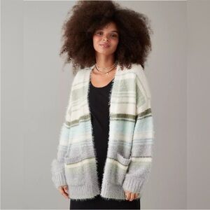 🎁AE Gorgeous Whoo SO Soft Fuzzy Striped Cardigan-worn ONCE!
